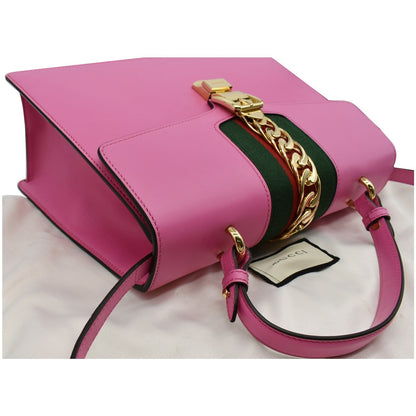 GUCCI Sylvie Medium Web Smooth Leather Top Handle Shoulder Bag Pink 431665
