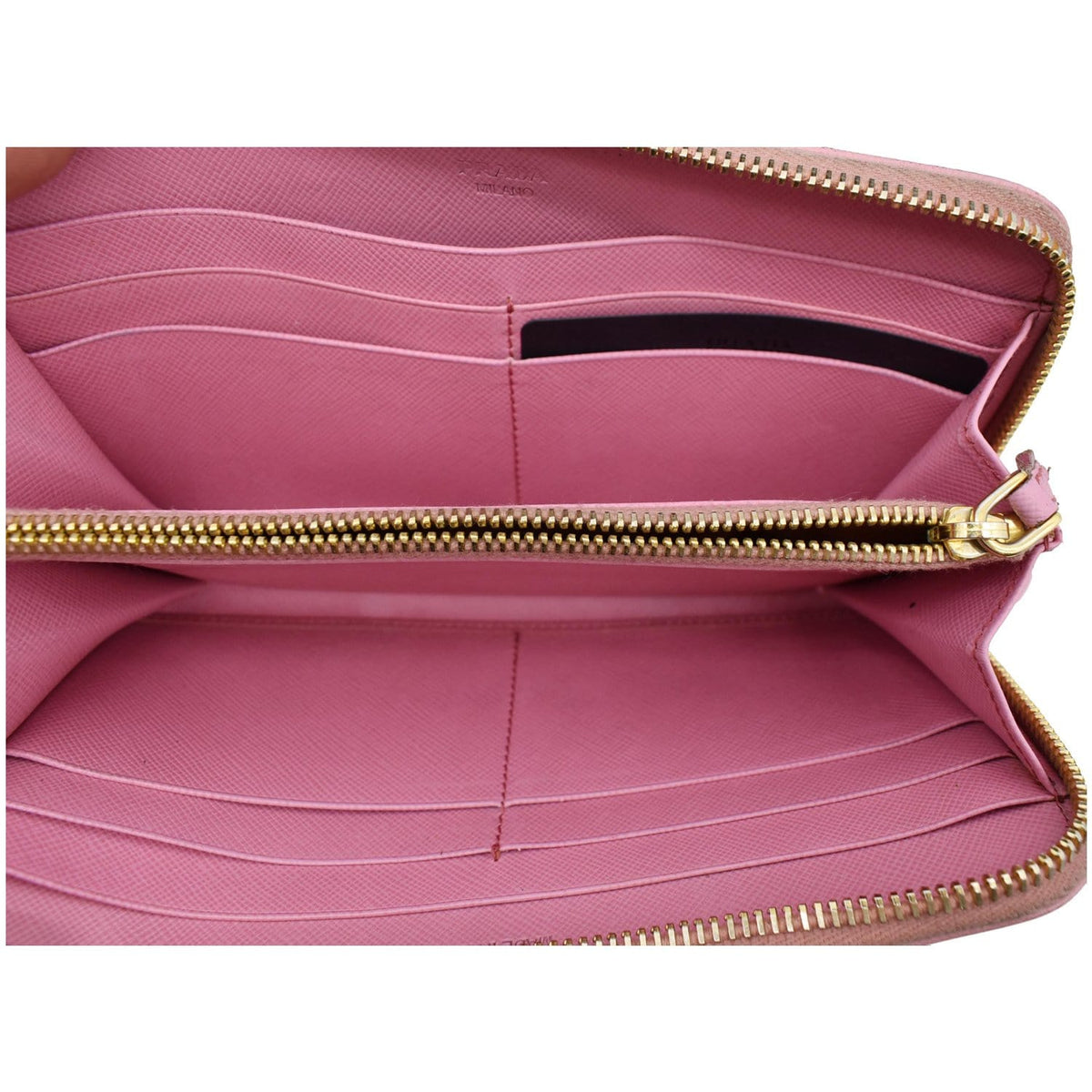 PRADA Striped Perforated Saffiano Leather Zip Around Wallet Pink/Yellow