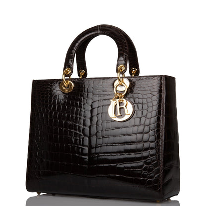 Christian Dior Dark Brown Large Lady Dior Alligator Tote Gold Hardware