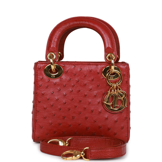 Christian Dior Mini Lady Bag Burgundy Ostrich Gold Hardware