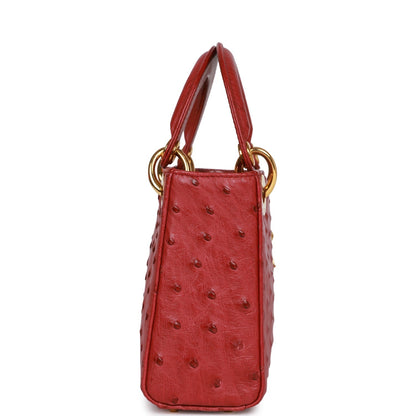 Christian Dior Mini Lady Bag Burgundy Ostrich Gold Hardware