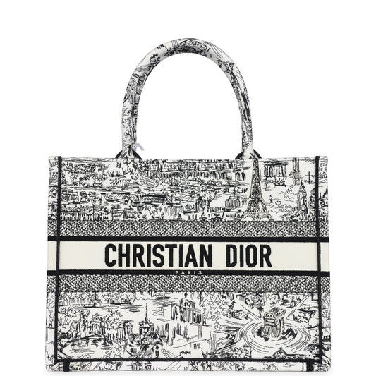 Christian Dior "Paris All Over" Book Tote Medium White and Black Embroidered Canvas