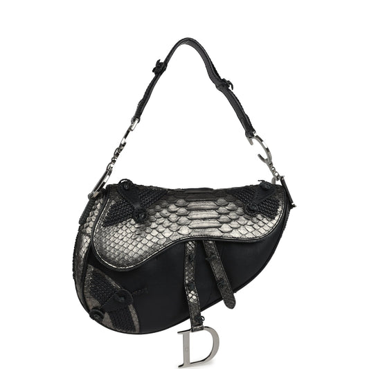 Vintage Christian Dior Saddle Bag Gunmetal Python and Black Leather Silver Hardware