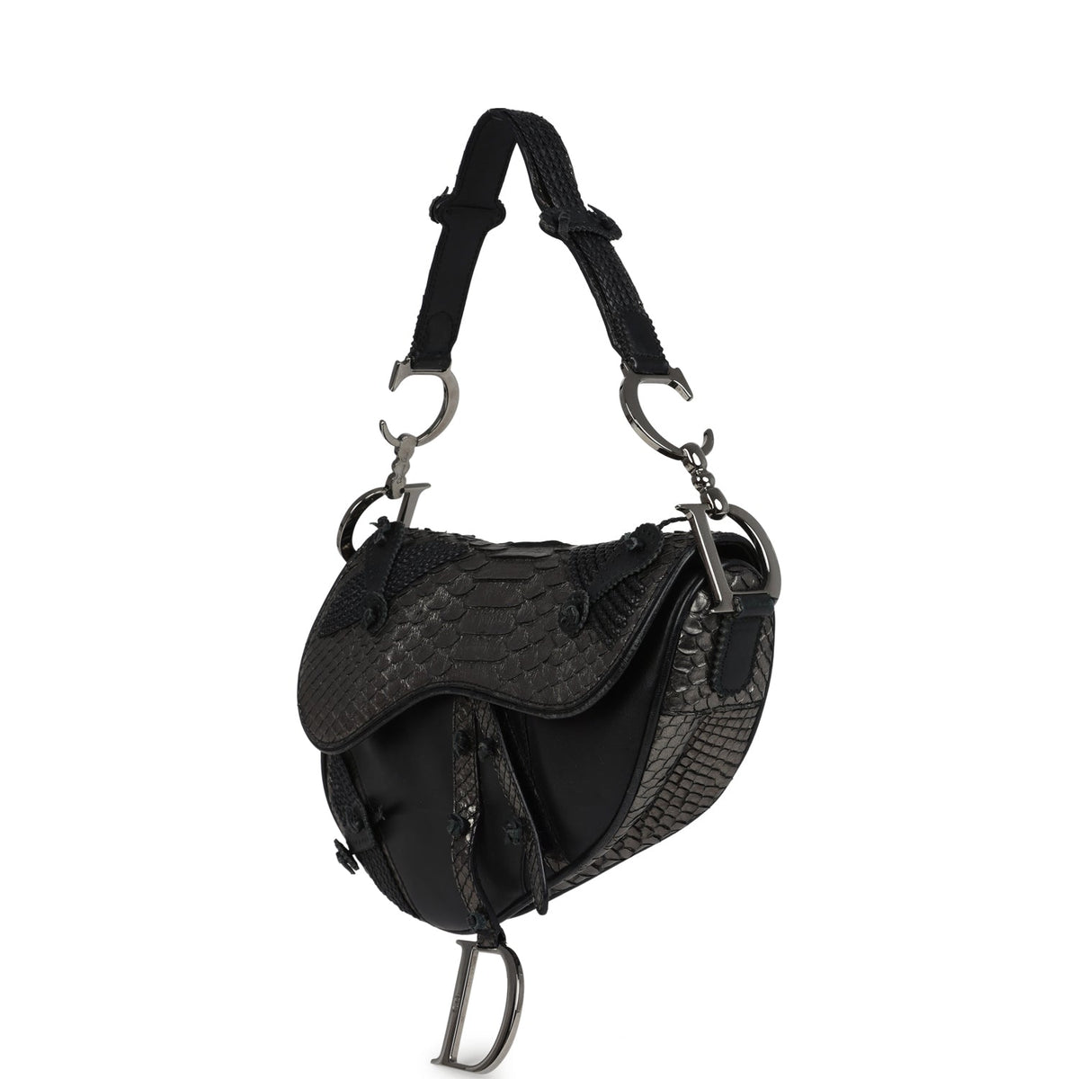 Vintage Christian Dior Saddle Bag Gunmetal Python and Black Leather Silver Hardware
