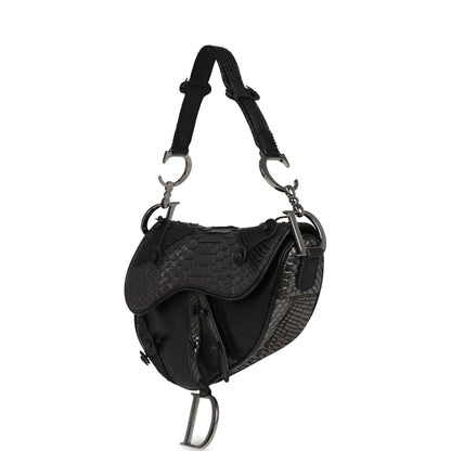 Vintage Christian Dior Saddle Bag Gunmetal Python and Black Leather Silver Hardware