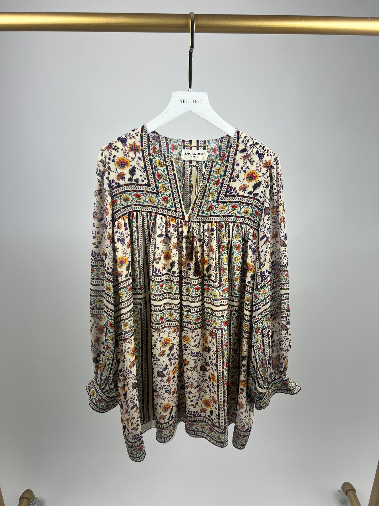 Saint Laurent Cream Silk Tunic Dress with Multi-Colour Floral Pattern Detail Size FR 36 (UK 8)