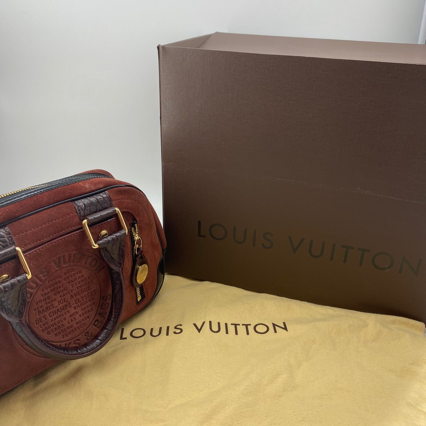 Louis Vuitton Havane brown suede stamped trunk PM Boston speedy