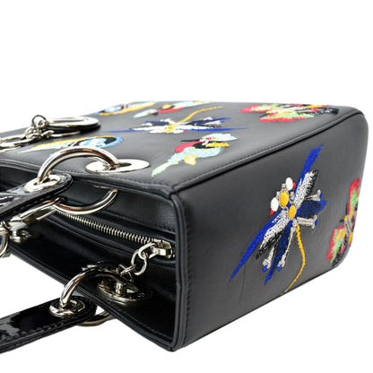 CHRISTIAN DIOR Lady Dior Embroidered Calfskin Shoulder Bag Black
