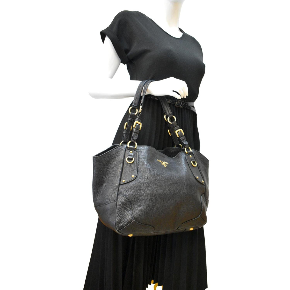 PRADA Vitello Daino Pebbled Leather Tote Bag Black