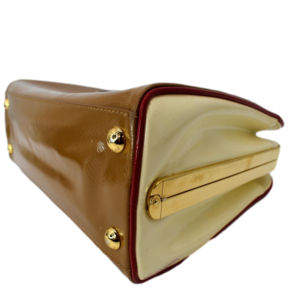 PRADA Vernice Pyramid Saffiano Leather Top Handle Bag Brown