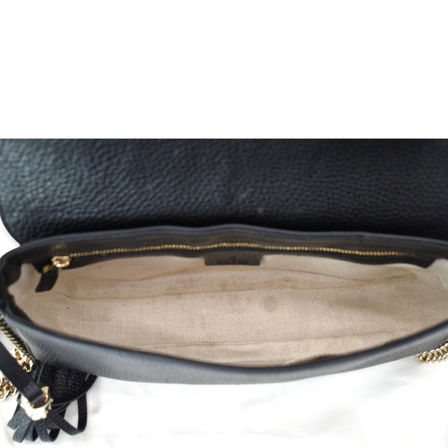 GUCCI GG Soho Tassel Chain Leather Crossbody Bag Beige Black