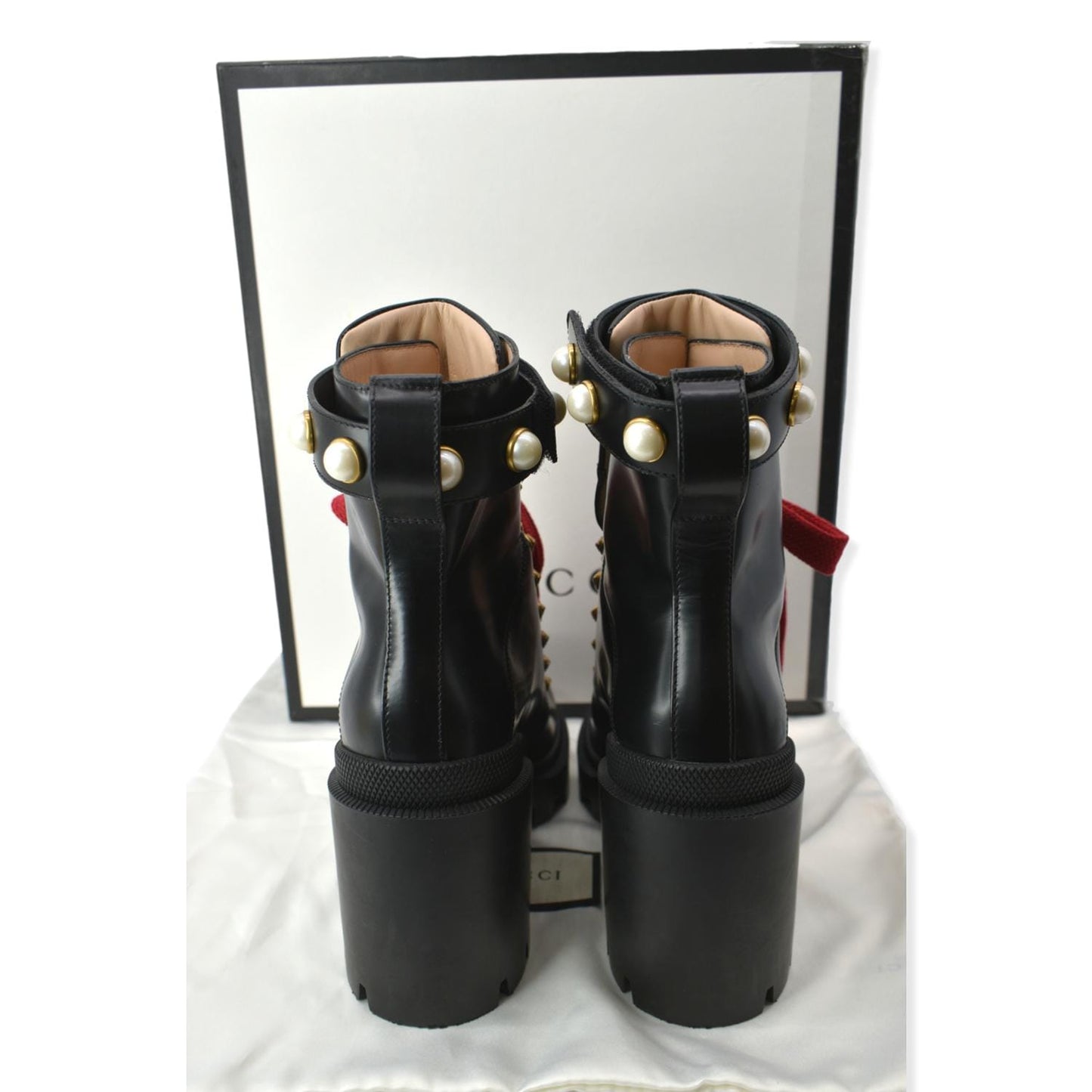 GUCCI Calfskin Pearl Lace Up Combat Ankle Boots Black 497372 Size 36.5