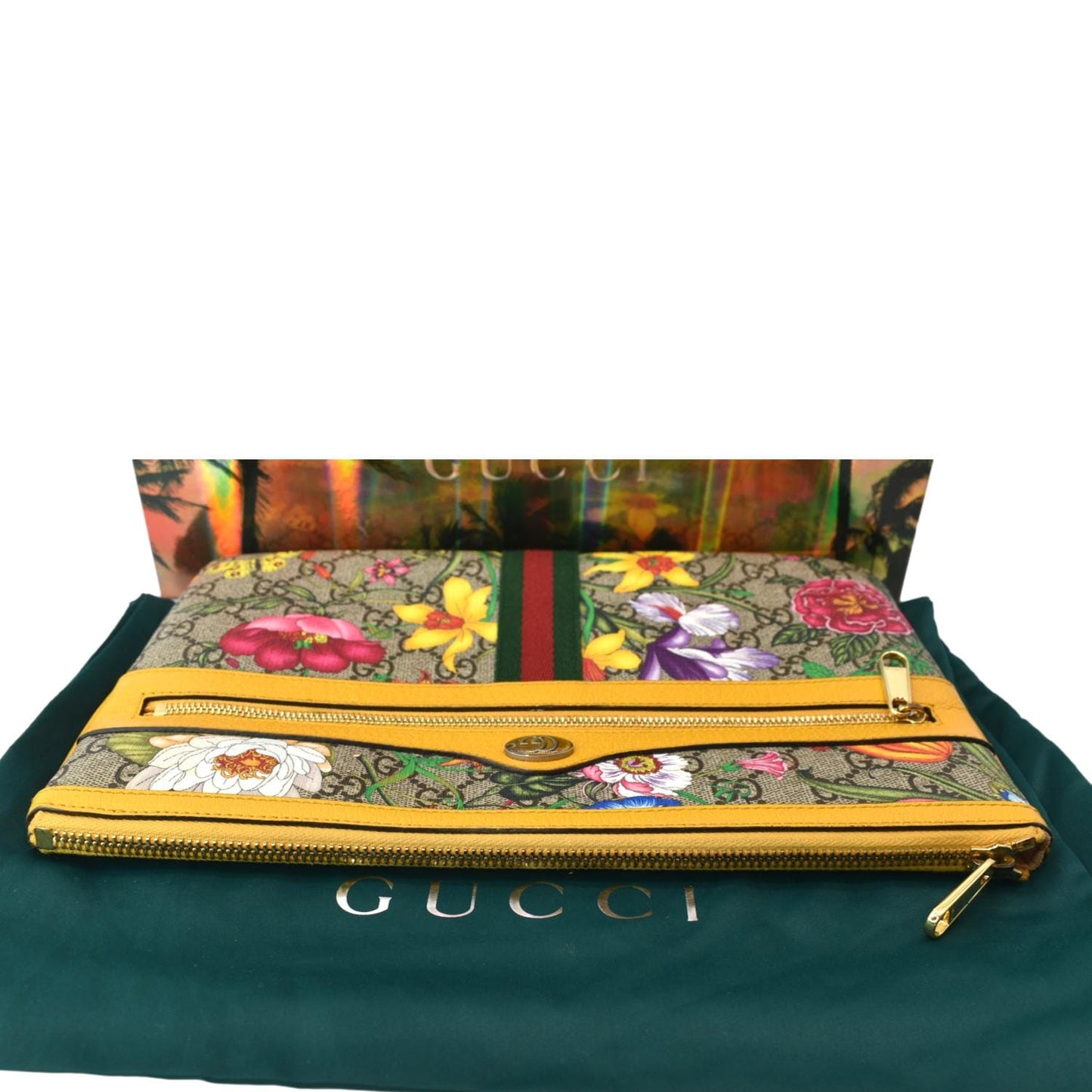 GUCCI Large Ophidia Flora GG Monogram Leather Pouch Clutch Bag Multicolor 517551