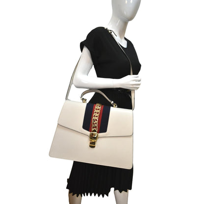 GUCCI Maxi Sylvie Calfskin Leather Top Handle Shoulder Bag White 477631