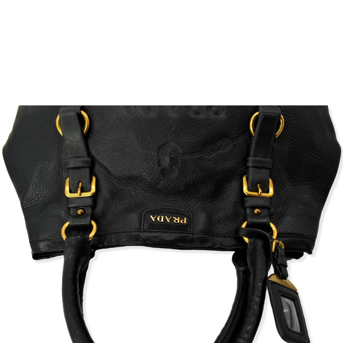PRADA Vitello Daino Logo Embossed Leather Hobo Bag Black