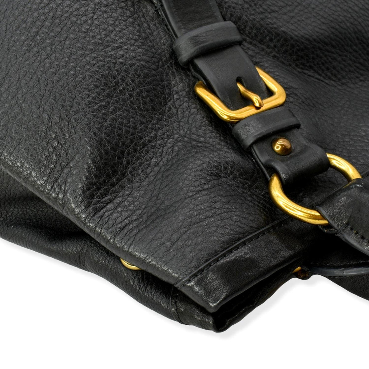 PRADA Vitello Daino Logo Embossed Leather Hobo Bag Black