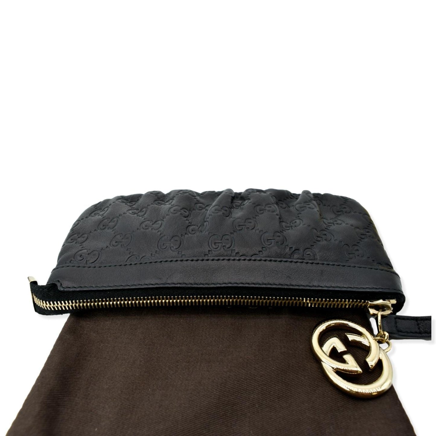 GUCCI Guccissima Leather GG Wristlet Pochette Black 212203