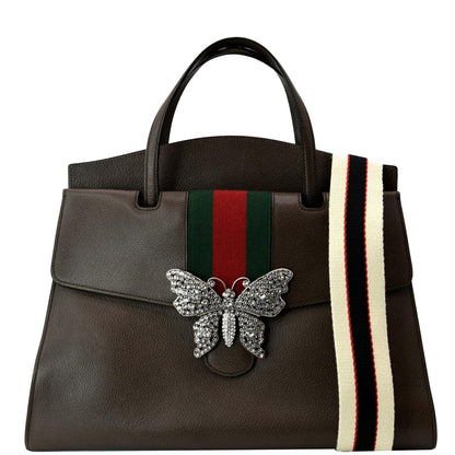 GUCCI Butterfly Linea Totem Leather Large Top Handle Shoulder Bag Brown 500772
