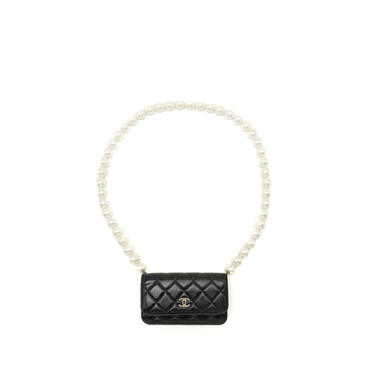 Chanel CC Logo Clutch with Giant Pearl Chain Lambskin Black LGHW