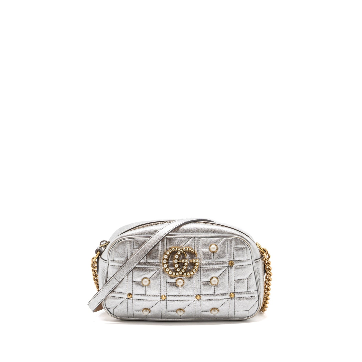 Gucci GG Marmont Camera Bag With Pearl Leather Silver