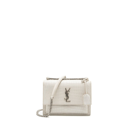Saint Laurent/YSL Sunset Bag Crocodile embossed White SHW