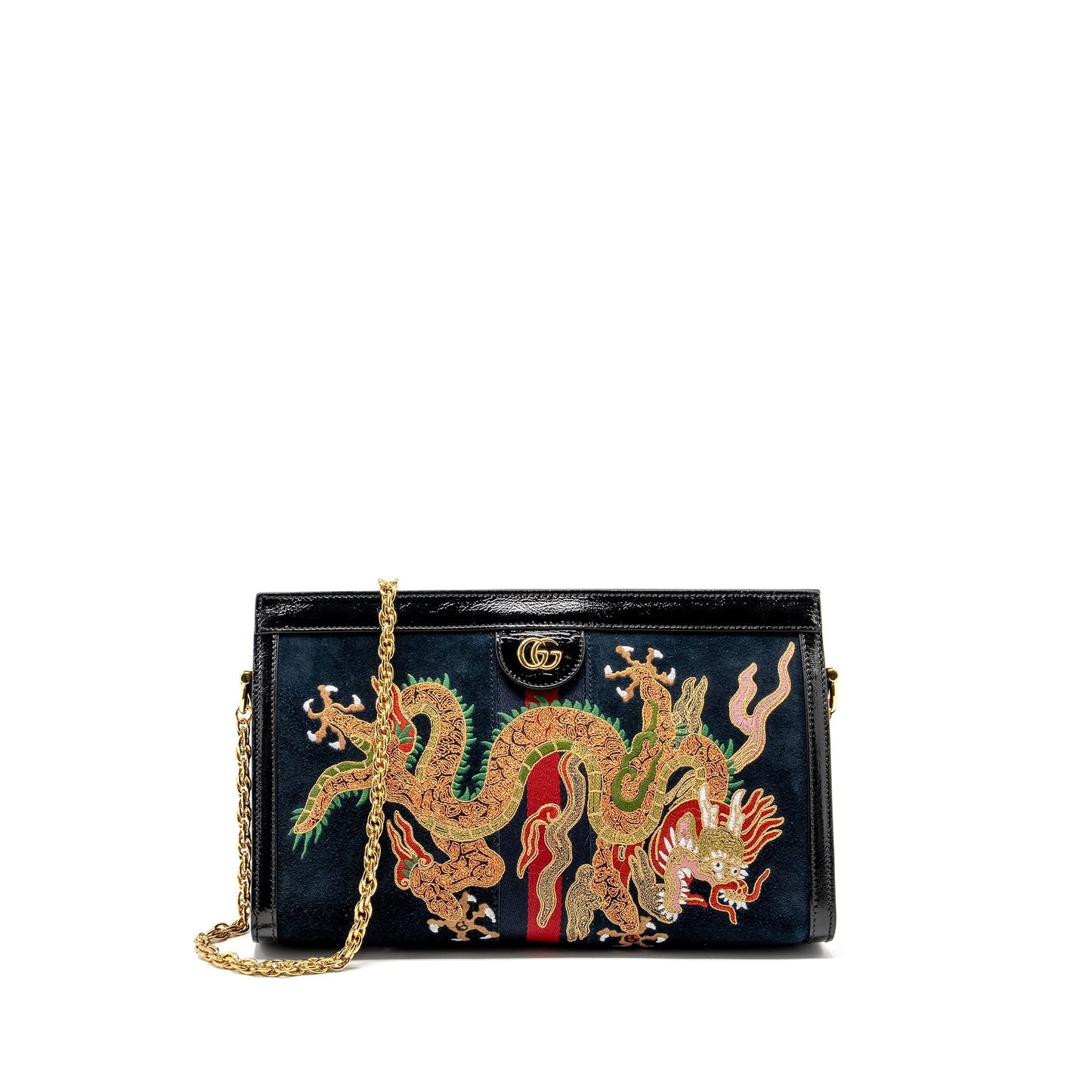 Gucci Ophidia Chain Bag Dragon Embroidered Suede Blue/Black/Multicolour