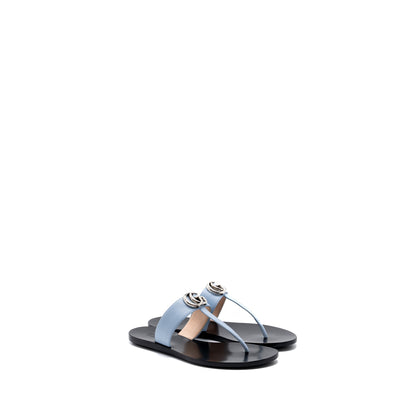 Gucci Size 37 Leather Thong Sandal With Double G Leather Light Blue SHW
