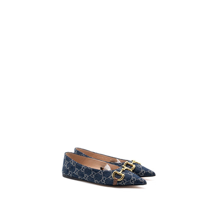 Gucci Size 37 GG Horsebit Ballerina Shoes GG Supreme Denim