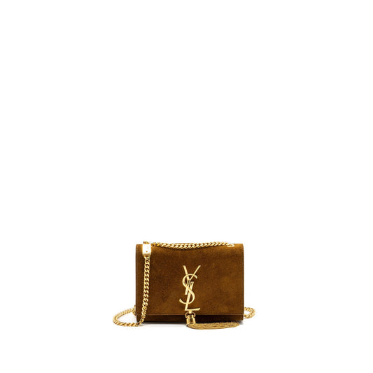 Saint Laurent Kate Chain Wallet with Tassel Suede Brown GHW