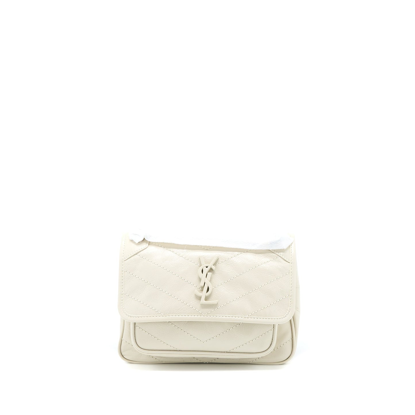 Saint Laurent Niki Baby Chain Bag in Crinkled Calfskin Blanc SHW