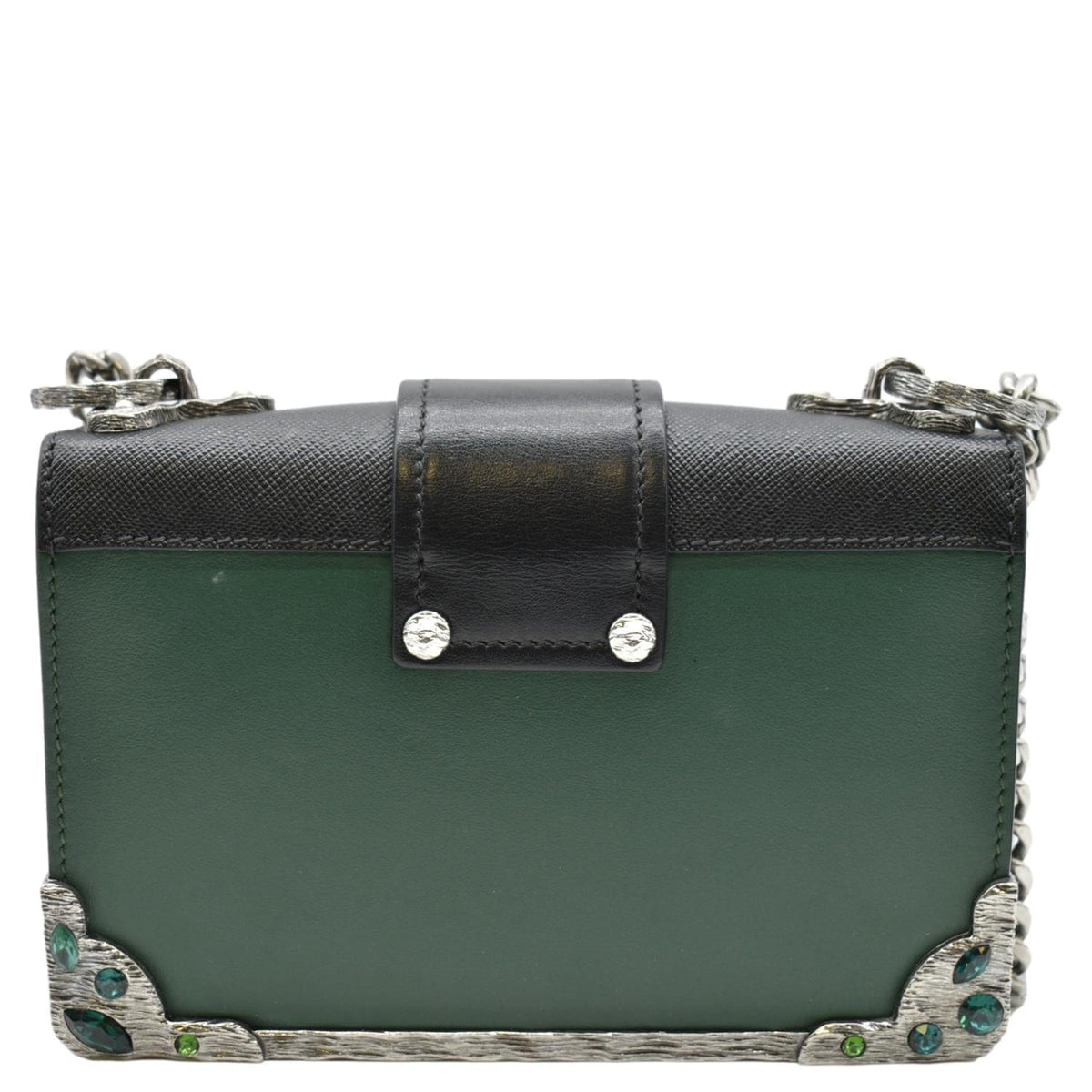 PRADA Cahier Swarovski Crystals Leather Shoulder Bag Green
