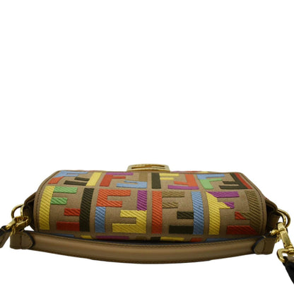 FENDI Vitello King FF Embroidered Baguette Canvas Shoulder Bag Cuoio