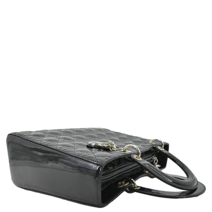 CHRISTIAN DIOR Lady Dior Large Quilted Patent Leather Shoulder Bag Black