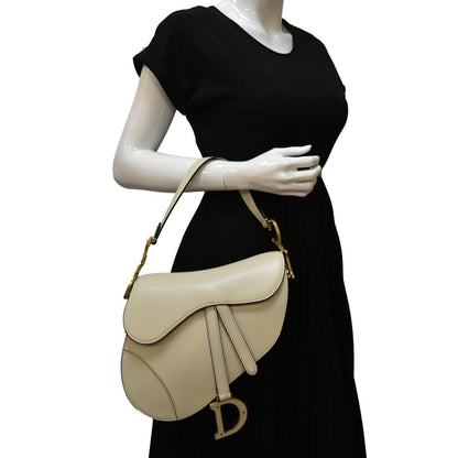 CHRISTIAN DIOR Saddle Smooth Calfskin Leather Satchel Shoulder Bag Dusty Ivory