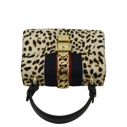 GUCCI Leopard Print Sylvie Mini Calf Hair Top Handle Shoulder Bag Beige 470270