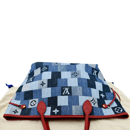 LOUIS VUITTON Neverfull MM Patchwork Monogram Denim Shoulder Bag Blue
