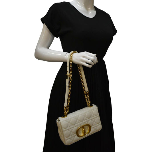 CHRISTIAN DIOR Caro Small Supple Cannage Calfskin Leather Shoulder Bag Ivory