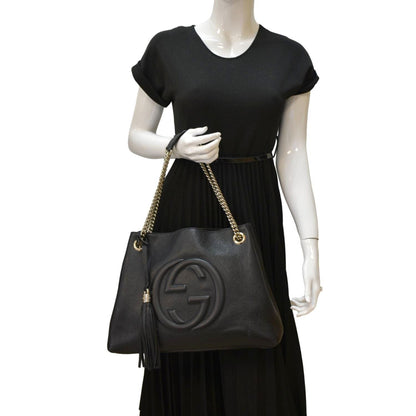 GUCCI Medium Soho Chain Pebbled Leather Tote Bag Black 536196