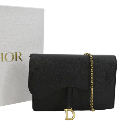 CHRISTIAN DIOR Long Saddle Leather Crossbody Chain Wallet Black