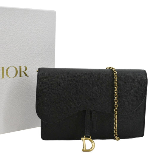 CHRISTIAN DIOR Long Saddle Leather Crossbody Chain Wallet Black