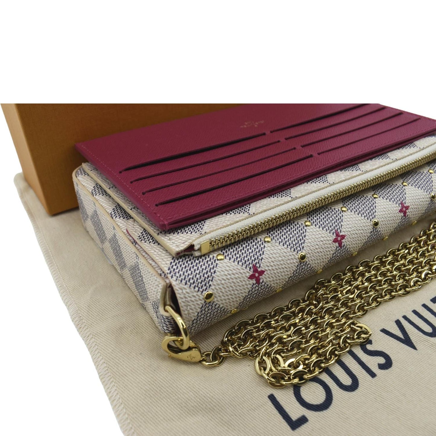 LOUIS VUITTON Studded Pochette Felicie Damier Azur Crossbody Bag White