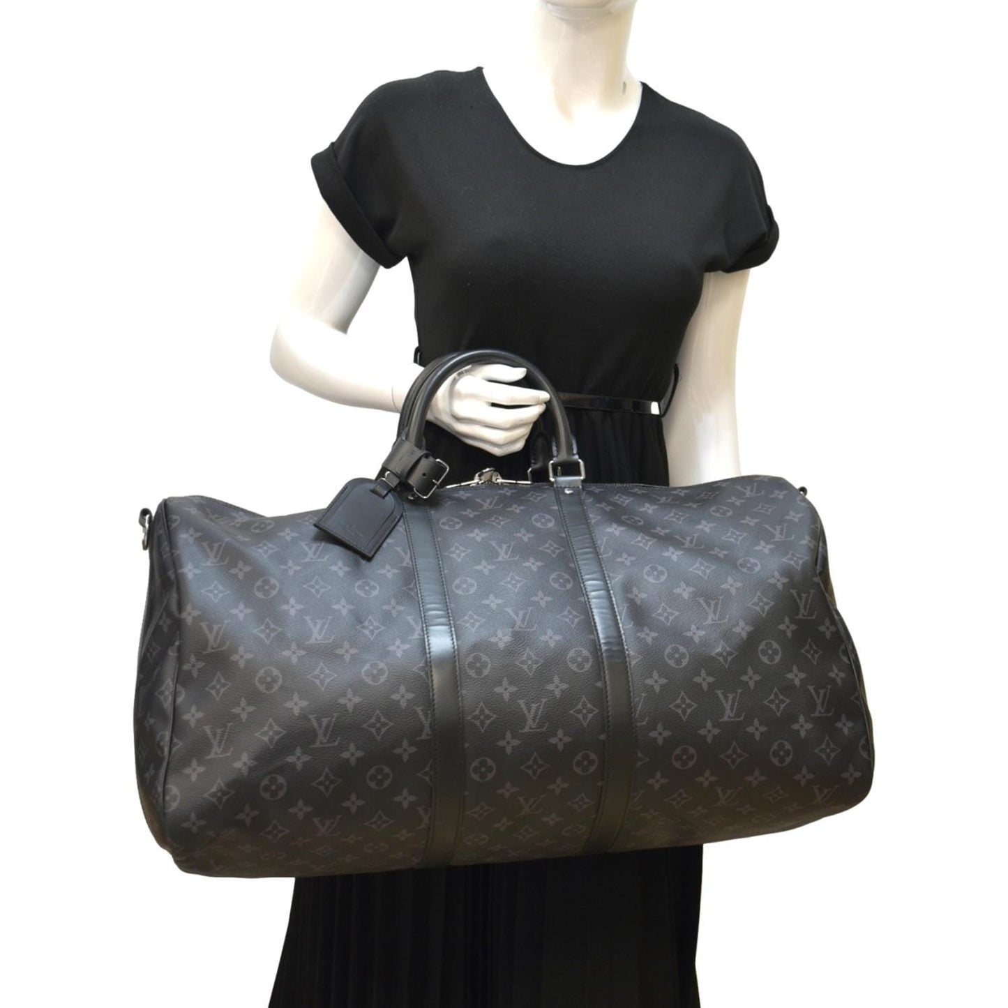 LOUIS VUITTON Keepall 55 Bandouliere Monogram Eclipse Travel Bag Black
