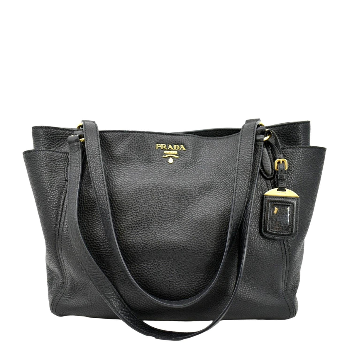 PRADA Vitello Daino Side-Pocket Leather Tote Shoulder Bag Black
