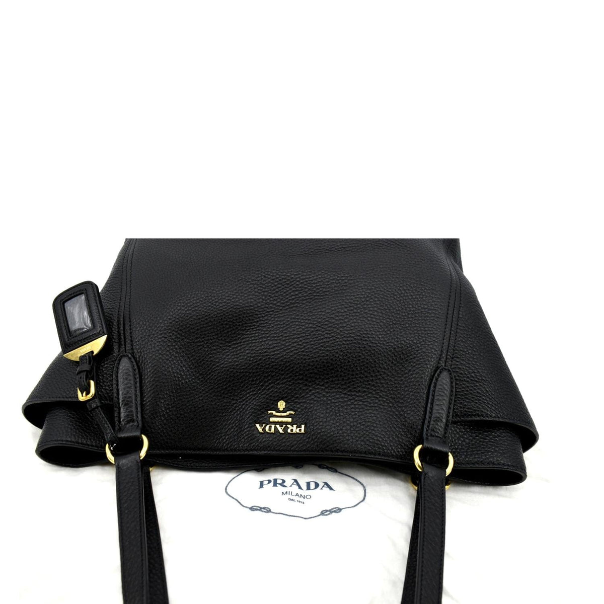 PRADA Vitello Daino Side-Pocket Leather Tote Shoulder Bag Black