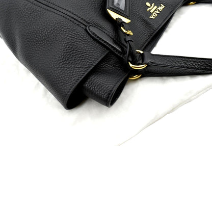 PRADA Vitello Daino Side-Pocket Leather Tote Shoulder Bag Black