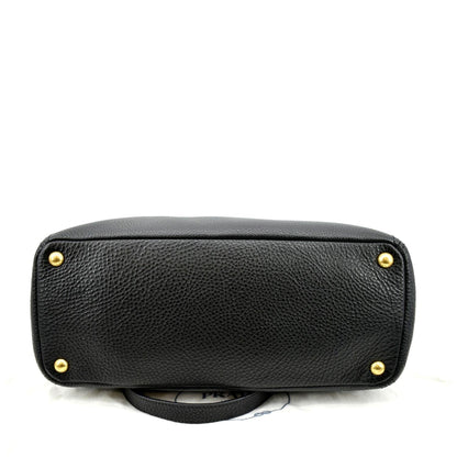 PRADA Vitello Daino Side-Pocket Leather Tote Shoulder Bag Black