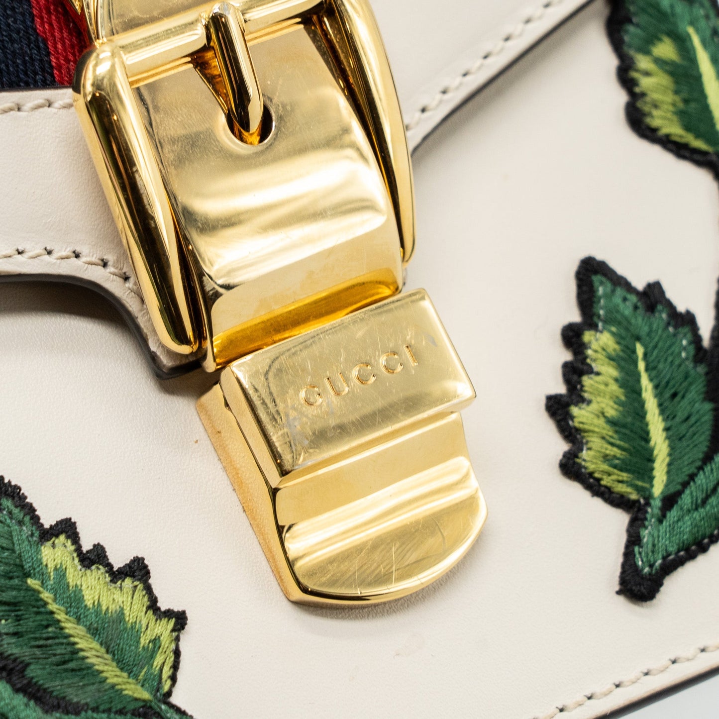 Gucci Sylvie Embroidered Shoulder Bag Calfskin White