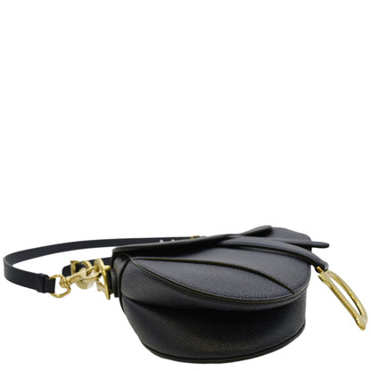 CHRISTIAN DIOR Saddle Grained Calfskin Leather Satchel Shoulder Bag Navy Blue