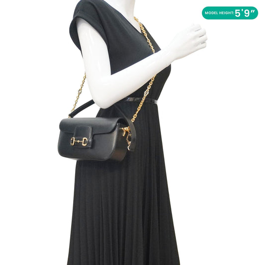 GUCCI Horsebit 1955 Small Leather Shoulder Bag Black 735178