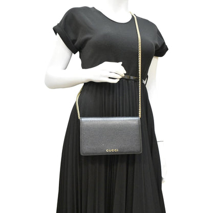 GUCCI Script Leather Chain Wallet Crossbody Bag Black 772643